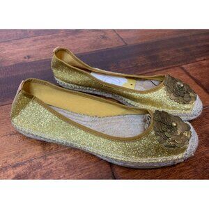 Tory Burch Gold Glitter Floral Sequin Espadrilles Flats Shoes, Size 9